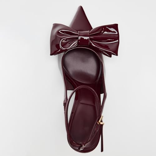 Goolita Bow Burgundy Slingback Heels for Women, Pointed Toe Buckle Ankle Strap Patent Leather Cherry Red Pumps Sexy Stiletto High Heels Shoes 5