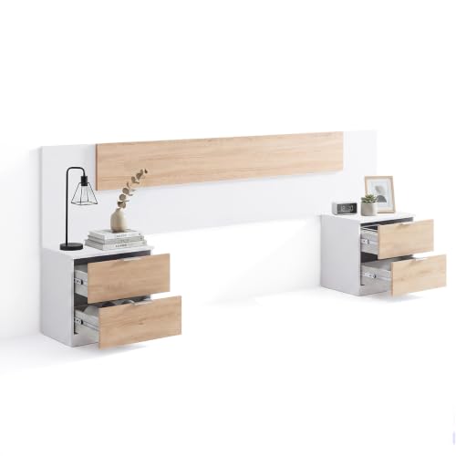 duehome | Cabecero Akari con 2 Mesitas de Noche y 4 Cajones, Cabecero de Cama para Dormitorio, Acabado en Blanco Artik y Roble Canadian, Medidas: 247 cm (Largo) x 50 cm (Alto) x 3 cm (Fondo)