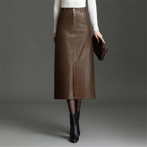 Women's High Waist Pu Leather Mid-Length Skirt Solid Front Slits Straight One Step Skirts4