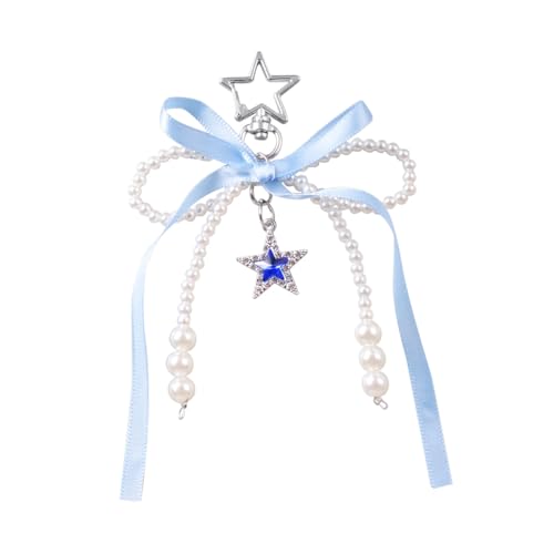 ChungLong0593 Lindo llavero con lazo de seda y estrellas Y2K con perlas para llaves de coche, bolso, bolso, Azul, M