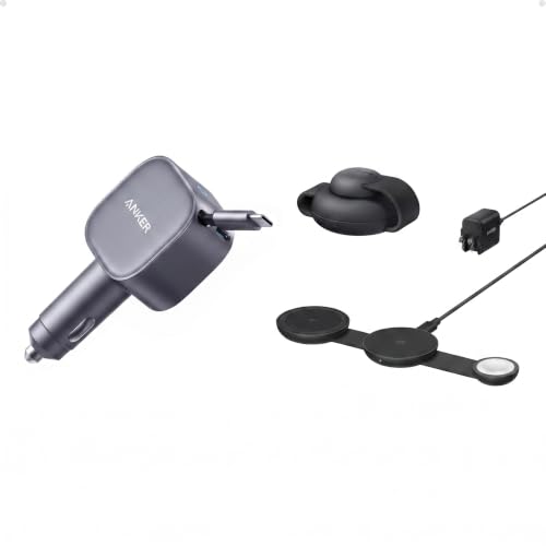 Anker Retractable USB-C Car Charger & MagSafe Compatible MagGo UFO 3-in-1 Charger, iPhone 17 Wireless Charging Station, 15W Qi2 Certified, Foldable Travel Charging Pad