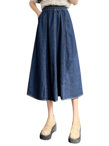 ebossy Womens Long Denim Skirt Casual High Waisted A-Line Flared Midi Jean Skirt with Pockets
