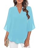 Bebonnie Dress Shirts for Women Blouses: Summer Spring Blouse Flowy Chiffon Henley V Neck - Wrinkle Free Interview Office - Maternity Pretty Blouses for Women Work Milky Blue XXXL