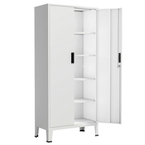YOUDENOVA Armoire de Bureau Métallique 80 x 40 x 180 cm avec Serrure Rangement Bureau avec 5 Compartiments pour Classeur, Doubles Portes, Serrure, Armoire à Outils,Étagères Réglables,Blanc Mat