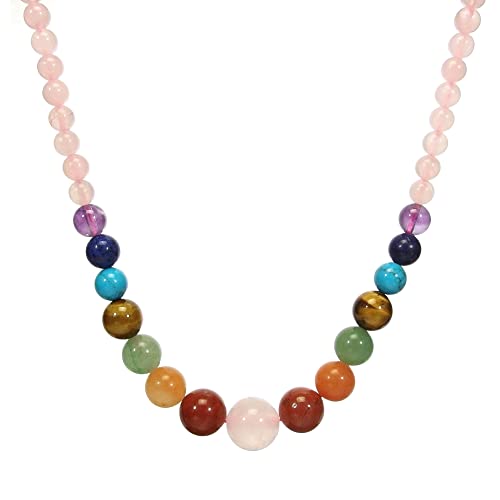 Ayriwoyi Rose Quartz Necklace 7 Chakra Necklaces for Women Pink Crystal Healing Beaded Stone Necklace 20 inches Gemstone Necklaces