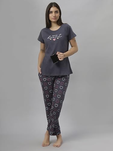 Image of DZZO Women's Cotton Printed Night Suit Set of T-Shirt & Pyjama, Night wear Dress, Relaxed wear for Women /Girls