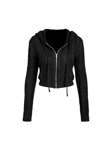 Image of CIDER Women's Zip Up Hoodie Crop Top Hollow Out Knitted Long Sleeve Cardigan Jacket Sweatshirt
