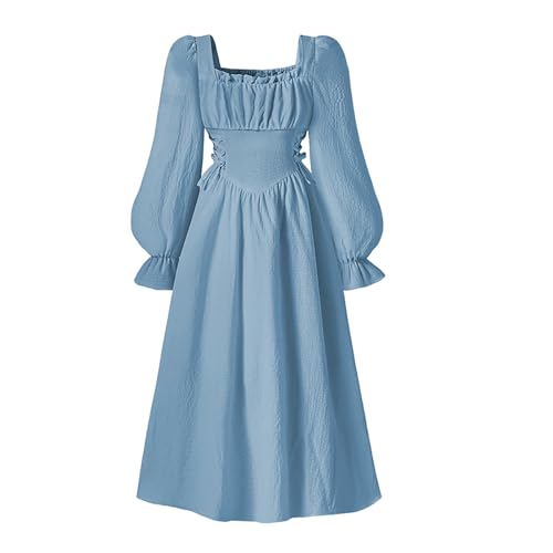 Elegante vestido de fiesta cuadrado de estilo francés con mangas abullonadas y silueta ajustada, perfecto para ocasiones festivas y eventos especiales en otoño., azul, 11-12 años
