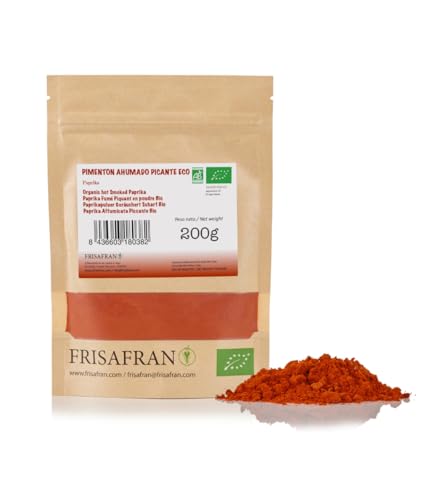 FRISAFRAN | Pimentón Ahumado Picante en polvo 200g | Pimenton en polvo | Pimentón molido | picante | Ecológico | pimenton español | Alto nivel en vitaminas y minerales | sin gluten | Origen ★ Murcia