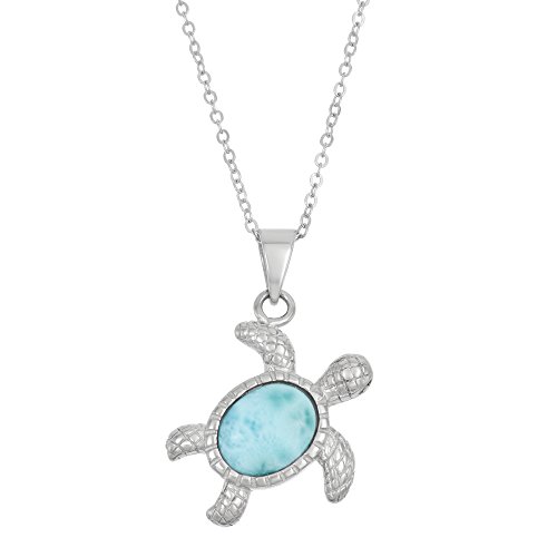 Sterling Silver Natural Larimar Turtle Pendant with 18