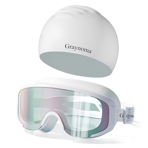 Graynoma Swimming Goggles Swimming Cap Set, Anti Fog Swim Goggles UV Protection Silicone Swim Cap Waterproof for Adult Men Women (Aurora White)