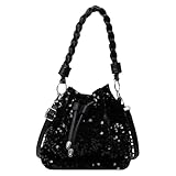 女性用スパンコールスリングバッグ巾着バケツショルダーバッグスパークリングパース(ブラック)