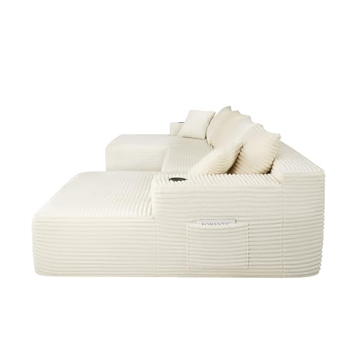 Image of 133 inch Modular Sectional Sofa Couch, Boneless Cloud Couches for Living Room, Oversized Corduroy U Shaped Cloud Sectional Sofa with CupHolders and Storage, No Assembly Required, Beige