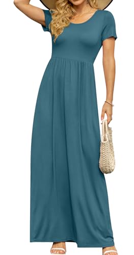 Image of DB MOON Womens 2026 Casual Summer Maxi Dresses Short Sleeve Empire Waist Spring Long Dress with Pockets(Turquoise, XL)