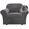 H.VERSAILTEX Rich Velvet Stretch 2 Piece Cover Chair Slipcover Sofa Cover Furniture Protector Couch Soft with Elastic Bottom Chair Couch Cover with Arms Width Up to 49 Inch(Chair,Grey)