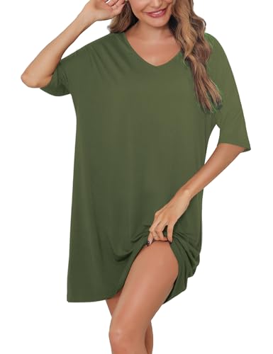 Irdcomps Nachthemd Damen Kurz Schlafshirt Oversize Baumwolle Große Größen Bigshirts zum Schlafen Sleepshirt Sexy 3/4 Ärmel Grün L