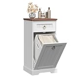 HOOBRO Tilt Out Laundry Hamper Cabinet, 9 Gal Farmhouse Hamper with Drawer | Wooden Laundry Cabinet with Hidden Removable Basket, for Laundry Room, Bathroom, White and Walnut