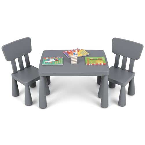 Image of Costzon Kids Table and Chairs, 3 PCS Plastic Toddler Table Set (Gray) | Easy Clean Activity Desk Set for Reading, Drawing, Snack Time, Art Craft, Suitable for Preschool, Playroom, Indoor & Outdoor