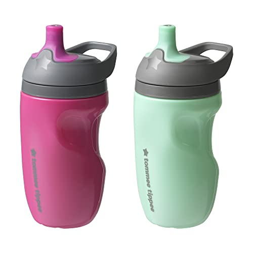 Image of Tommee Tippee Plastic Insulated Sportee Water Bottle for Toddlers, Spill-Proof, Pink and Mint (9oz, 12m+, 2 Count)