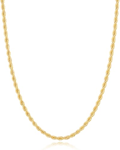 3mm 18K Gold Plated Rope Chain Necklace for Men, World's Top Craftsmanship Gold Stainless Steel Necklace for Men, Non Tarnish & Sturdy Men's Chain Necklaces 16 18 20 22 24 26 Inch