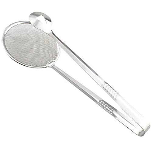 Gambit Kitchen Tool Multi-Functional 2 in 1 Stainless Steel Fry Tool Filter Spoon Strainer with Clip, Oil Frying BBQ Filter Mesh Strainer (Silver)