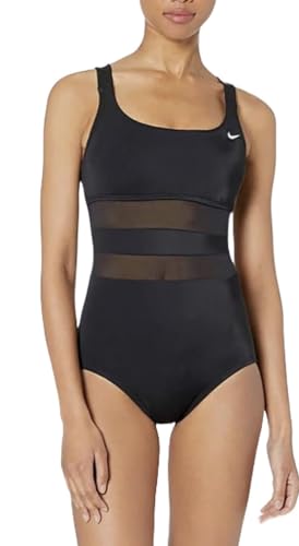NIKE Swim Women's Standard Mesh Solid Edge V-Back One Piece Swimsuit, Black, Large