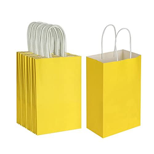 Oikss 50 Pack 5.25x3.25x8.25 Inch Small Yellow Kraft Paper Bags with Handles Bulk for Birthday Wedding Party Favors Grocery Retail Shopping Business Goody Craft Gift Bags Cub Sacks 50 Count