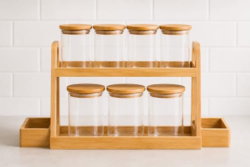 Image of Femora Glass Kitchen Organizer Set with 2-Tier Bamboo Rack | 4 Large Storage Jars 400ml + 3 Small Spice Jars 220ml + 2 Oil Dispenser Bottles 550ml | Airtight Bamboo Lid Containers for Kitchen Storage