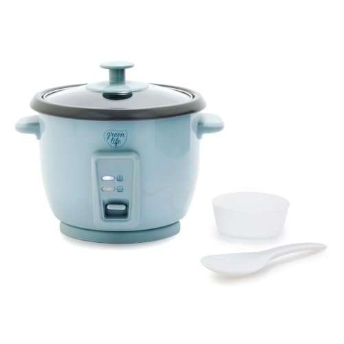 GreenLife Rice Cooker with Removable PFAS-Free Ceramic Nonstick Pot, 3-Cups Uncooked/6-Cups Cooked, Grains & Oatmeal Multicooker, Compact One-Switch Design, Auto Keep Warm, Easy Clean, Blue Haze by GreenLife - Used condition - US$25.08