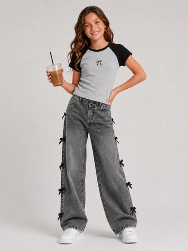 Image of Azmxynol Tween Girl Clothes Short Sleeve Top + Butterfly Design Jeans 2 Pieces Spring Summer Outfit Set, Size 6-16 Years