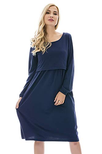 Bearsland Women's Maternity Long Sleeve Soft Nursing Breastfeeding Dresses Pockets,Blue,S