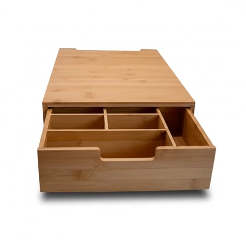 Presar Tee Organizer Box mit Schublade 45x30x10 cm Kaffeemaschinenstand aus Bambus mit Schubladenbox zur Aufbewahrung von Teebeuteln Besteck & Kaffee