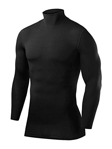 PowerLayer Camiseta Compresión Hombre - Camiseta Interior Térmica de Manga Larga y Cuello Alto para Hombre - Compression Shirt para Ciclismo Entrenamiento Gym Running Rugby - Negro, M