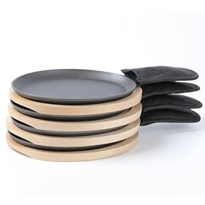 Cast Iron Fajita Plate Sizzler Pan Set with Bamboo Tray and Handle Holder, Set of 4, Pre-seasoned Cast Iron Skillet with Bamboo Base and Handle Cover