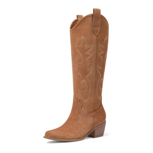 VIMISAOI Western Cowboy Boots for Women Knee High Wide Calf Cowgirl Boots with Embroidered Design Pull-On Pointed Toe Chunky Heel Retro Tall Boot