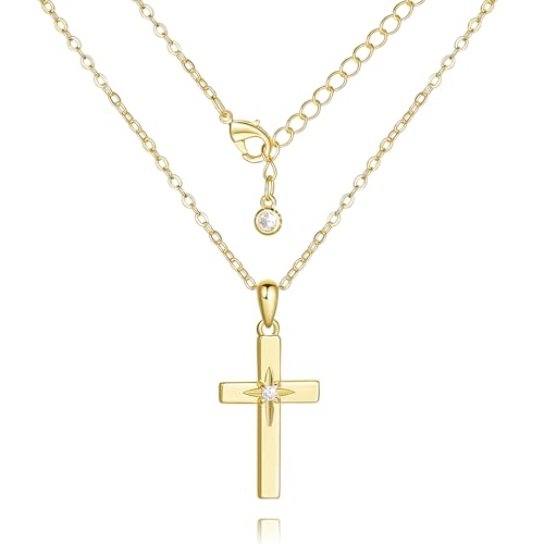 Cross Necklace 14K Gold Cross Necklaces for Women with Cubic Zirconia Wearable Lucky Charm Gold Crosses Chain Pendant for Women