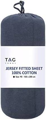 Tag Terry Double Fitted Sheet Cotton - 145 GSM Deep Fitted Sheet - Soft Jersey 100% Cotton - Stretchable, Breathable & Brushed Cotton Bed Sheet for Double Bed 140 x 200 + 40cm (Blue)