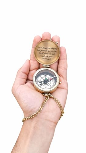 Brújula de bolsillo vintage de latón con grabado y funda de cuero miniatura 5
