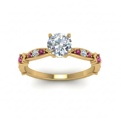 Image of Choose Your Gemstone Petite Pave Diamond CZ Engagement Ring Yellow Gold Plated Round Shape Petite Engagement Rings Minimal Modern Design Birthday Gift Wedding Gift US Size 4 to 12