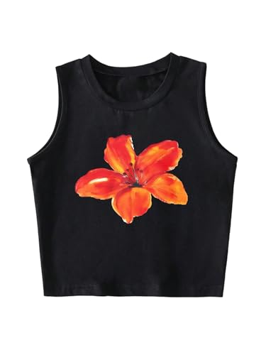 OYOANGLE Girl's Floral Print Tank Tops Sleeveless Crew Neck Slim Fitted Cute Summer Top