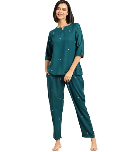 Image of Ichaa Women's Rayon Night Suit Printed Top & Bottom Set