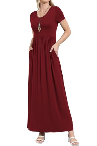 Image of EUOVMY Women's Short Sleeve Loose Plain Maxi Dresses Casual Vacation Long Dresses with Pockets