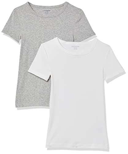 Amazon Essentials Women's Slim-Fit Short-Sleeve Crewneck T-Shirt, Pack of 2, White/Light Grey Heather, Medium