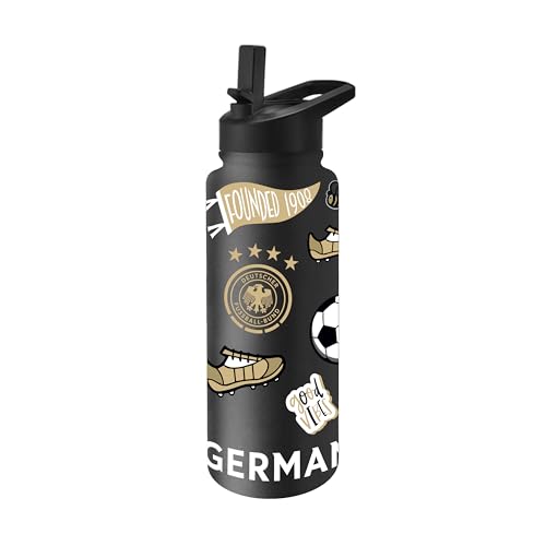 Logo Brands Germany Men's National Soccer Native 34 oz Quencher Water Bottle -All-Over Country Icons Design, Double-Wall Insulated to Keep Drinks Cold for Hours, Leak-Proof Lid, Built-In Straw