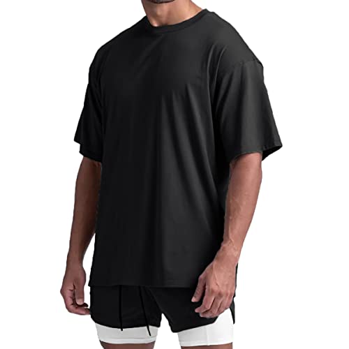 Cotton Gym Shirts Oversized Athletic Loose Workout t Shirts Short Sleeve for Men T68N