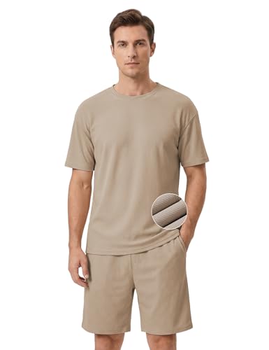 Image of Venzina Men's Waffle-Knit T-Shirt & Shorts Set Breathable Stretchable Lounge Wear Loose Fit Night Suit for Home, Travel