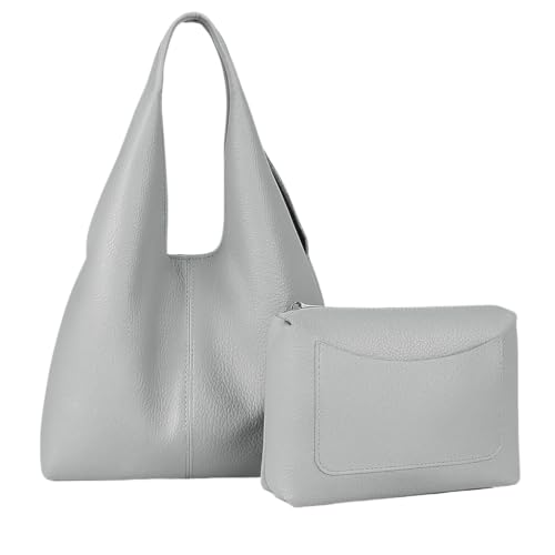 Image of Mabel London Womens Large 2-in-1 Plain Slouch Shoulder Bag - Tote Hobo Handbag with Make up Pouch Bag (Plain - Light Grey)