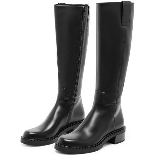 Image of KaroNairy Women Knee High Boots Faux Leather Long Boots Low Chunky Heel Square Toe Side Zipper Fall Tall Boots