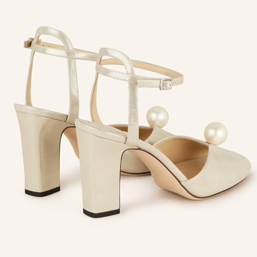 Image of Goolita Pearl Heels For Women Mid Block Ankle Strap Heeled Sandals Round Open Toe Party Evening Bridal Shoes For Wedding