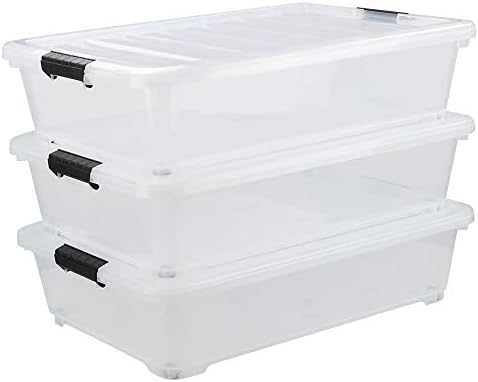 Asking 40 Quart Plastic Wheels Under Bed Storage Box, Latch Bin with Lid, Clear, 3-Pack